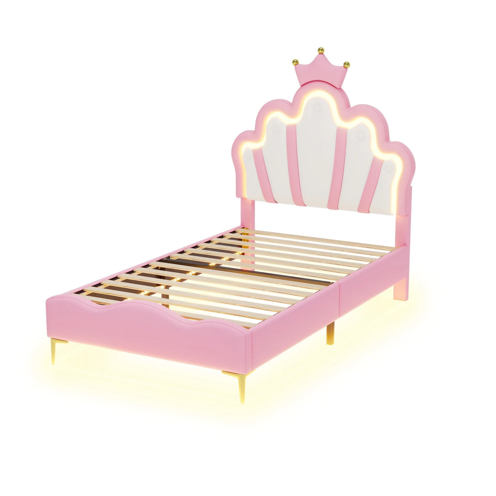 Comanlai Children's Bed  90x200cm with LED Light and Crown-shaped Headboard,Upholstered Bed with Slatted Frame,PU Leather,Pink