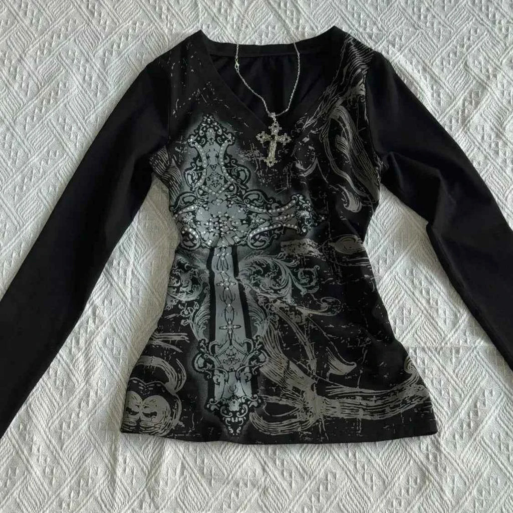 Retro Hip Hop Y2K T-Shirts Fashion Women Sexy Long Sleeve Gothic Vintage Punk Streetwear Tops Casual Slim Hot Girl Autumn Tees