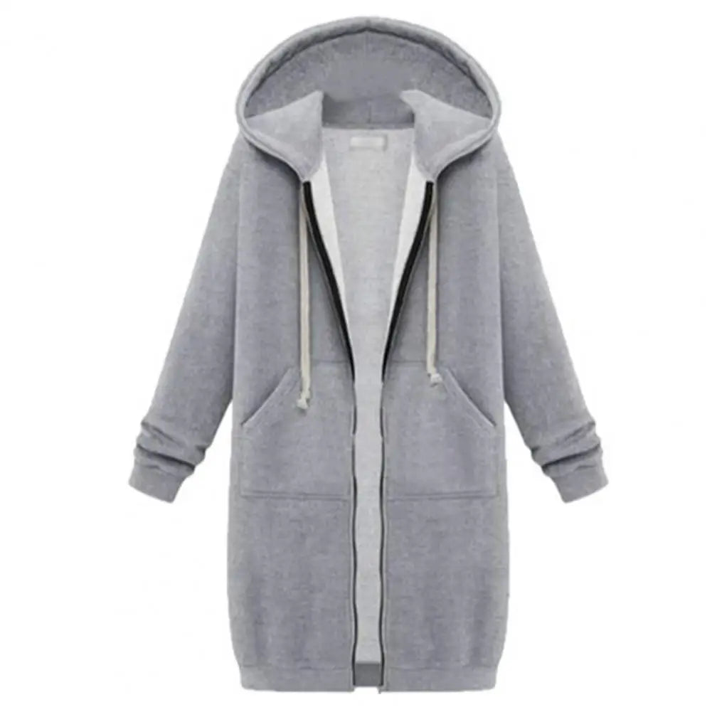 Plush Hooded Drawstring Women Jacket Thick Long Sleeves Zip Up Knee Length Autumn Coat Hooded Long Loose Winter Sweatshirt