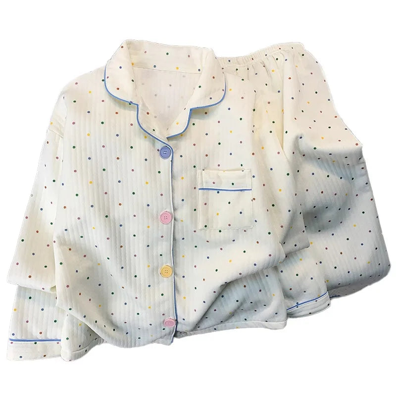 Korean Style Colourful Dot Women's Sleepwear Set 2025 Autumn Winter New Pajamas Set Cute Lapel Neck Casual Homewear 2PC Suit