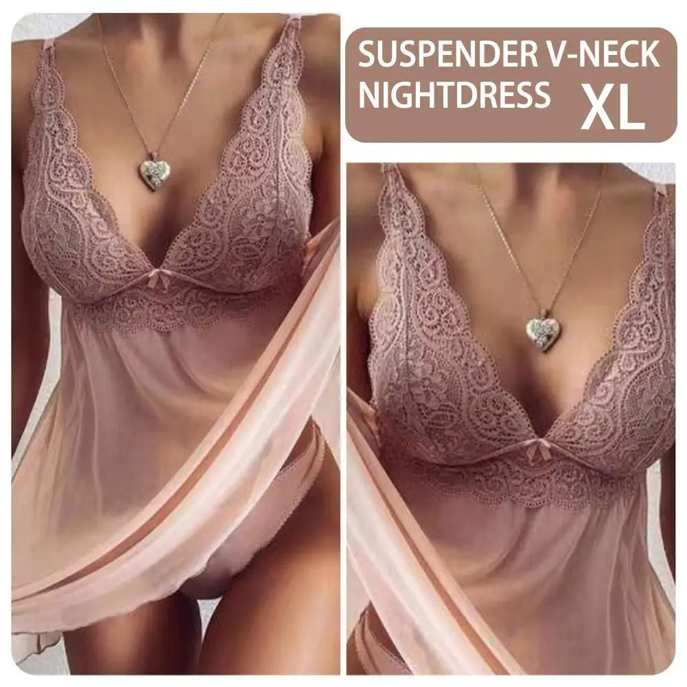 Women's Lingerie Set Seductive Deep V Neck Lace Chemise Nightwear, Sheer Mesh Babydoll Sleepwear Dress for Bridal Night
