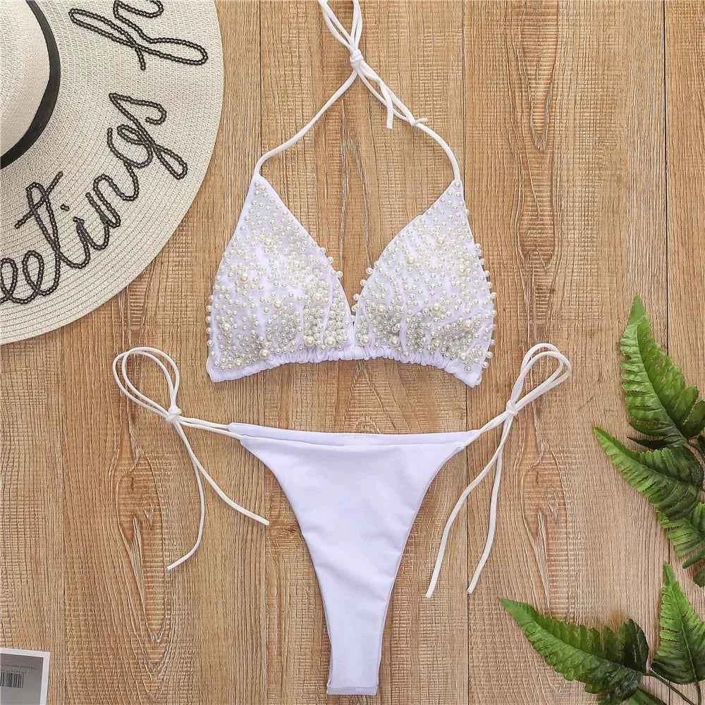 Pearl Bikini String Thong Swimsuit Kawaii Y2K Swimwear Trend Women Two Piece Bathing Suit Beachwear Bikinis Set Vacation Outfits