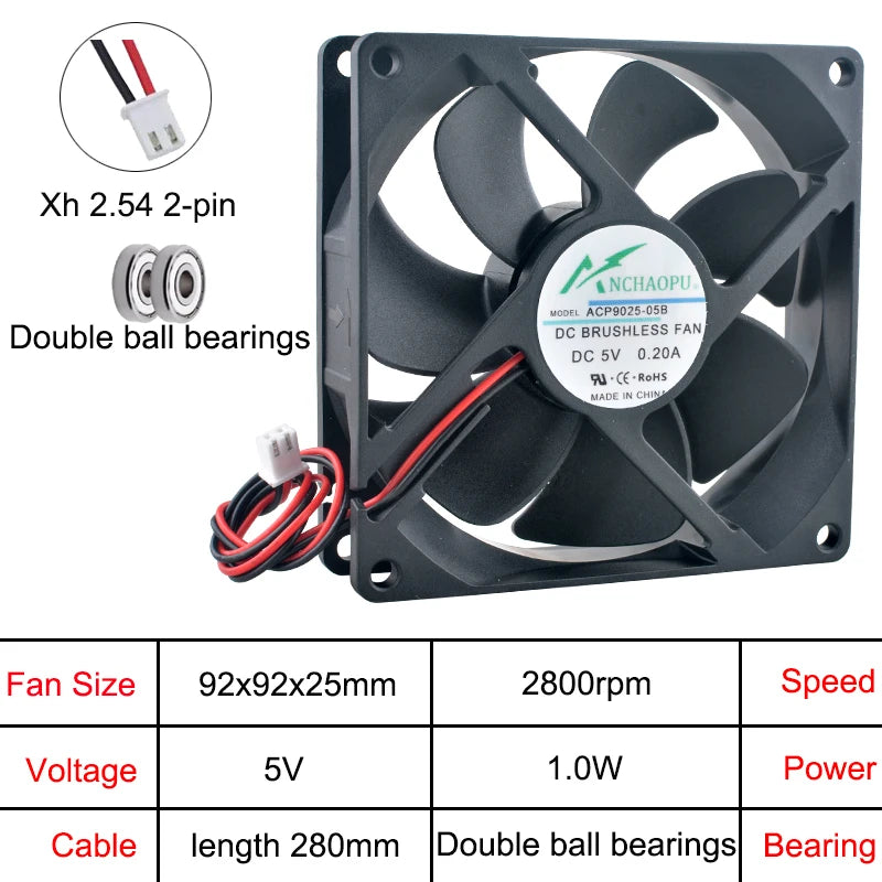 ACP9025 92x92x25mm Axial Cooling Fan DC5V/12V/24V 2Pin for Chassis Power Supply Inverter Cooling High Airflow Quiet Operation