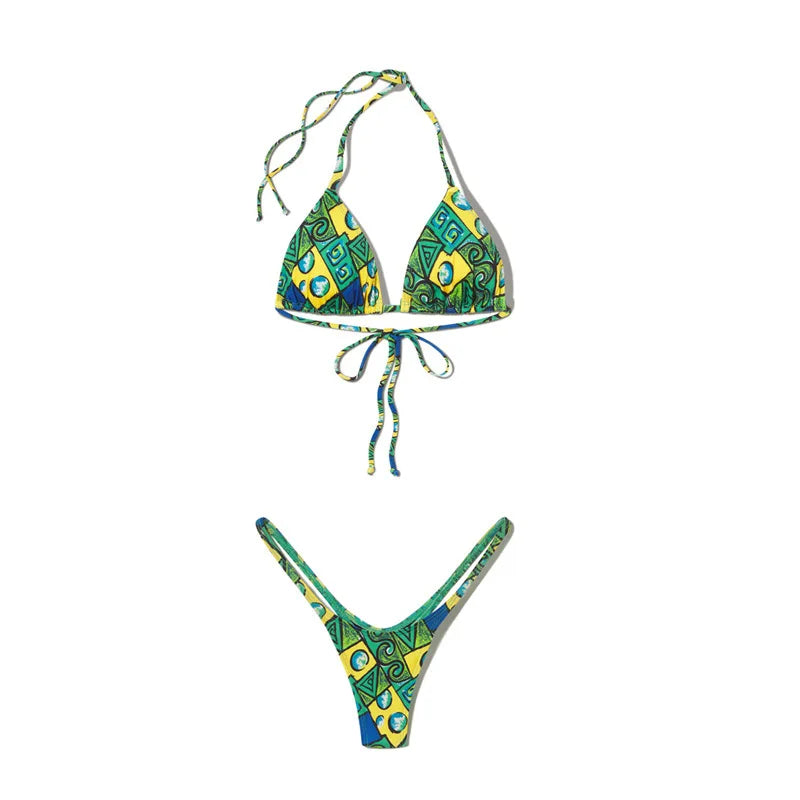 Brazilian Swimsuit Women's Sexy 2 Pieces Mini Bikini Set Triangle Halter Backless Thong Beach Bathing Suit Summer 2025 New Style
