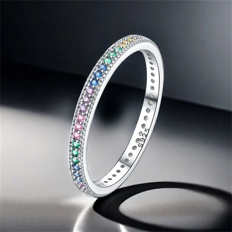 MISEFF Real 925 Sterling Silver Double Rings Simple Color Zircon Rings For Wedding Engagement Birthday Silver Jewelry Gift