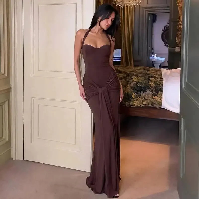 Sexy Backless Lace Up Halter Neck Maxi Dress Women Sleeveless Ruched Waist Draped Bodycon Dresses Party Evening Cocktail Robes