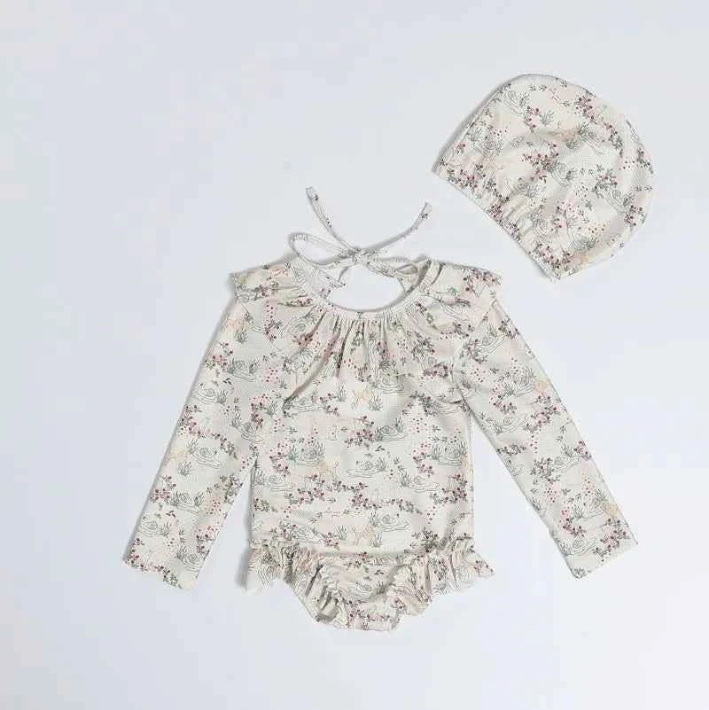 Kids Swimwear for Girl New Summer Baby Girls Cute Cherry Floral Swimsuit Set Long Sleeves/Sling Sunscreen Swimsuit Bikini H503