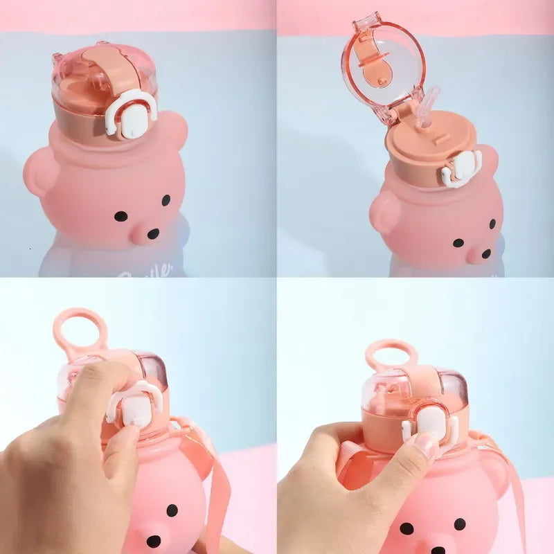 Bear Water Bottle 800ml Cute Kawaii Teddy Bear Water Bottle with Straw & Strap Leak-Proof Drinking Cup Gift for Kids & Girls