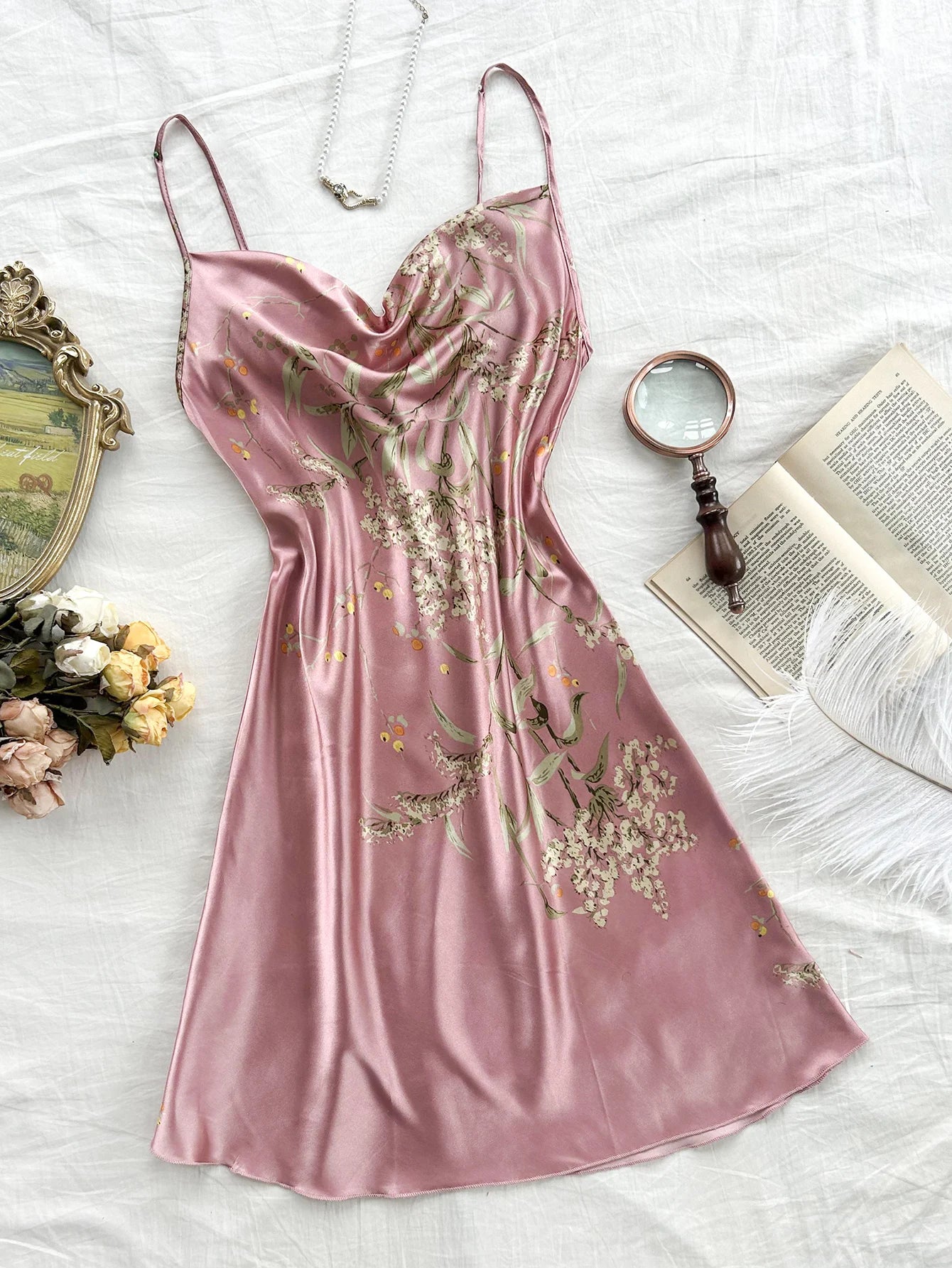 Floral Print Pajama Set Long Sleeve Robe With Belt   V Neck Slip Dress  Women's Sleepwear  Loungewear