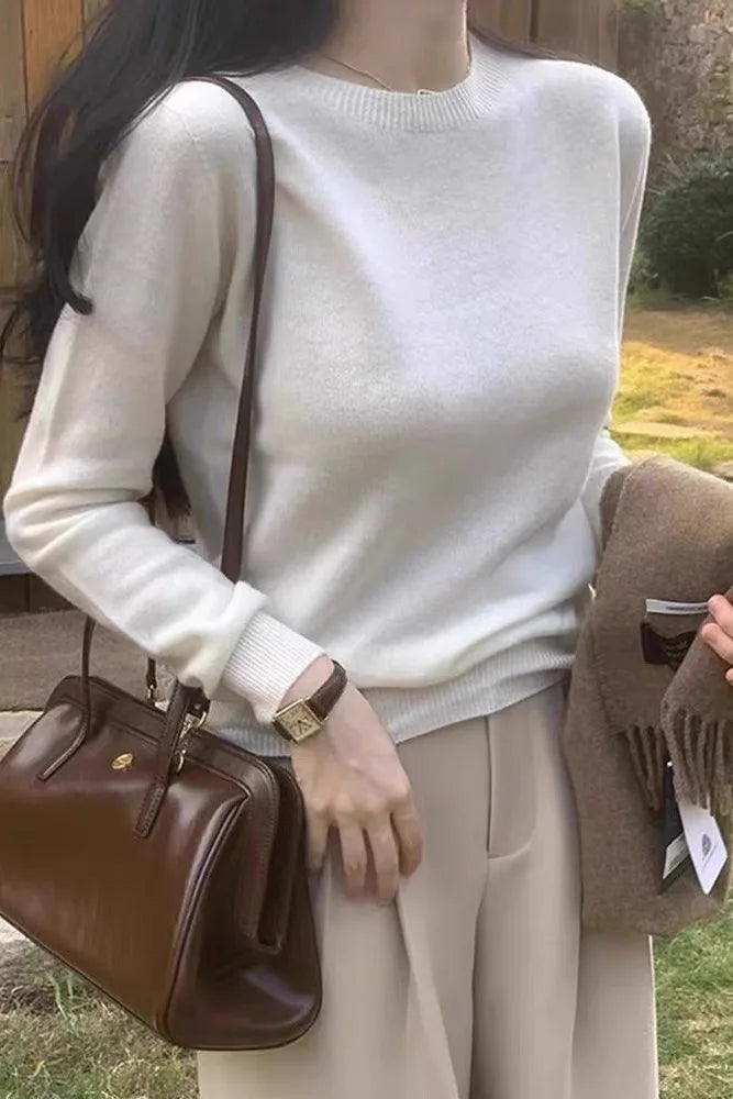 100% pure cashmere sweater women's round neck pullover long sleeve sweater loose short soft waxy knit bottom sweater