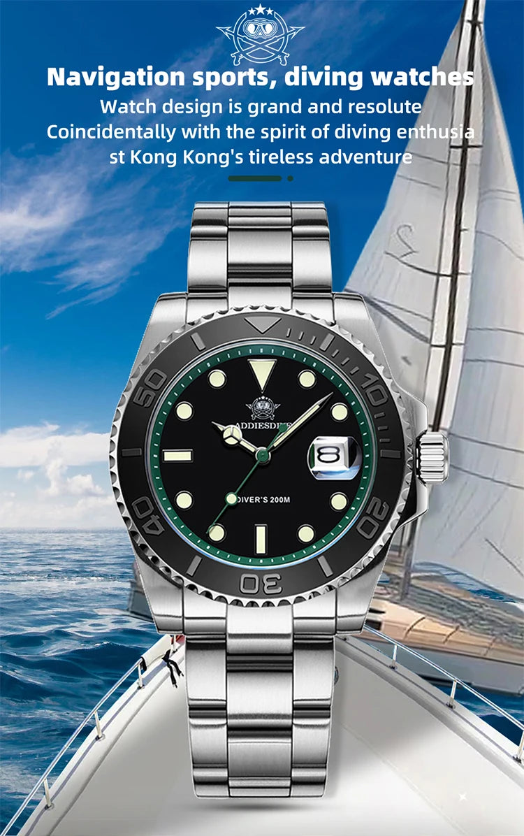 ADDIESDIVE Top Brand Mens Quartz Watches 41mm Stainless Steel Calendar Display Luxury Watch Luminous 200m Dive Casual Wristwatch