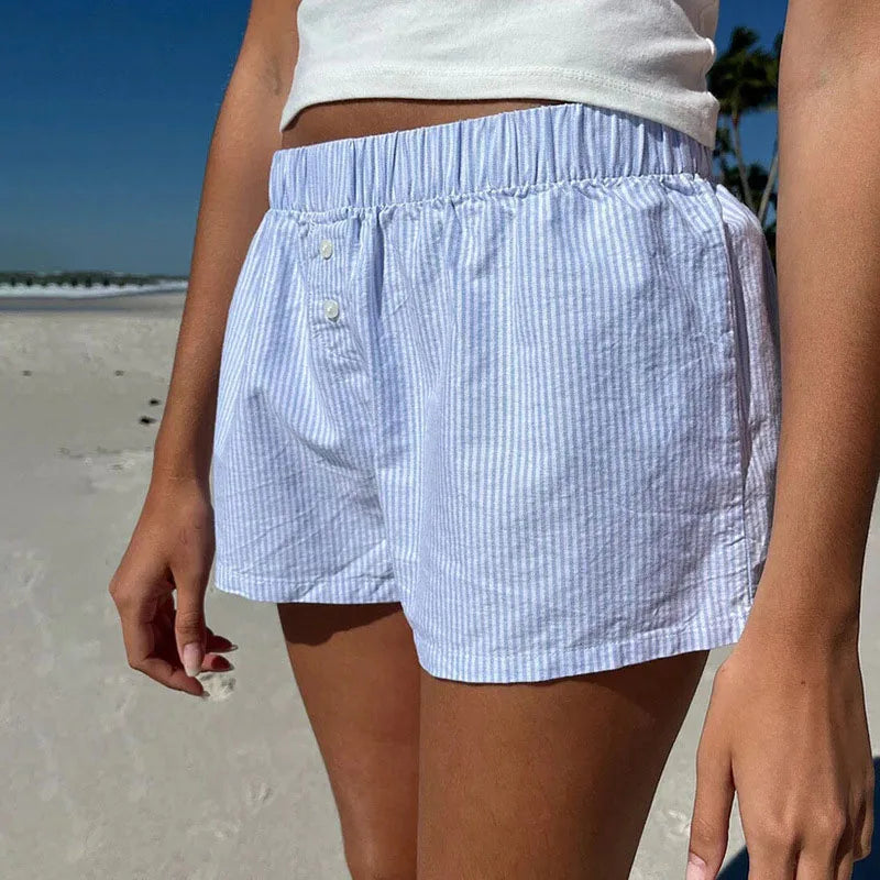 Striped Print Casual Shorts for Women Elastic Waist Fashion Button Bottoms Streetwear Chic Basic Y2K Loose Shorts