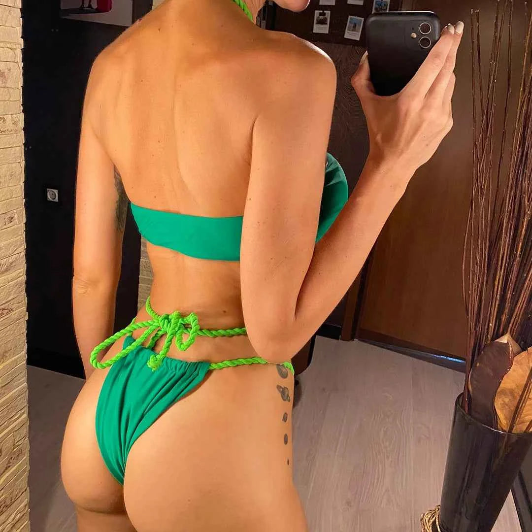 New Wrap Around Halter High Leg Cut Bikini Female Swimsuit Women Swimwear Two-pieces Bikini set Bather Bathing Suit Swim V4750