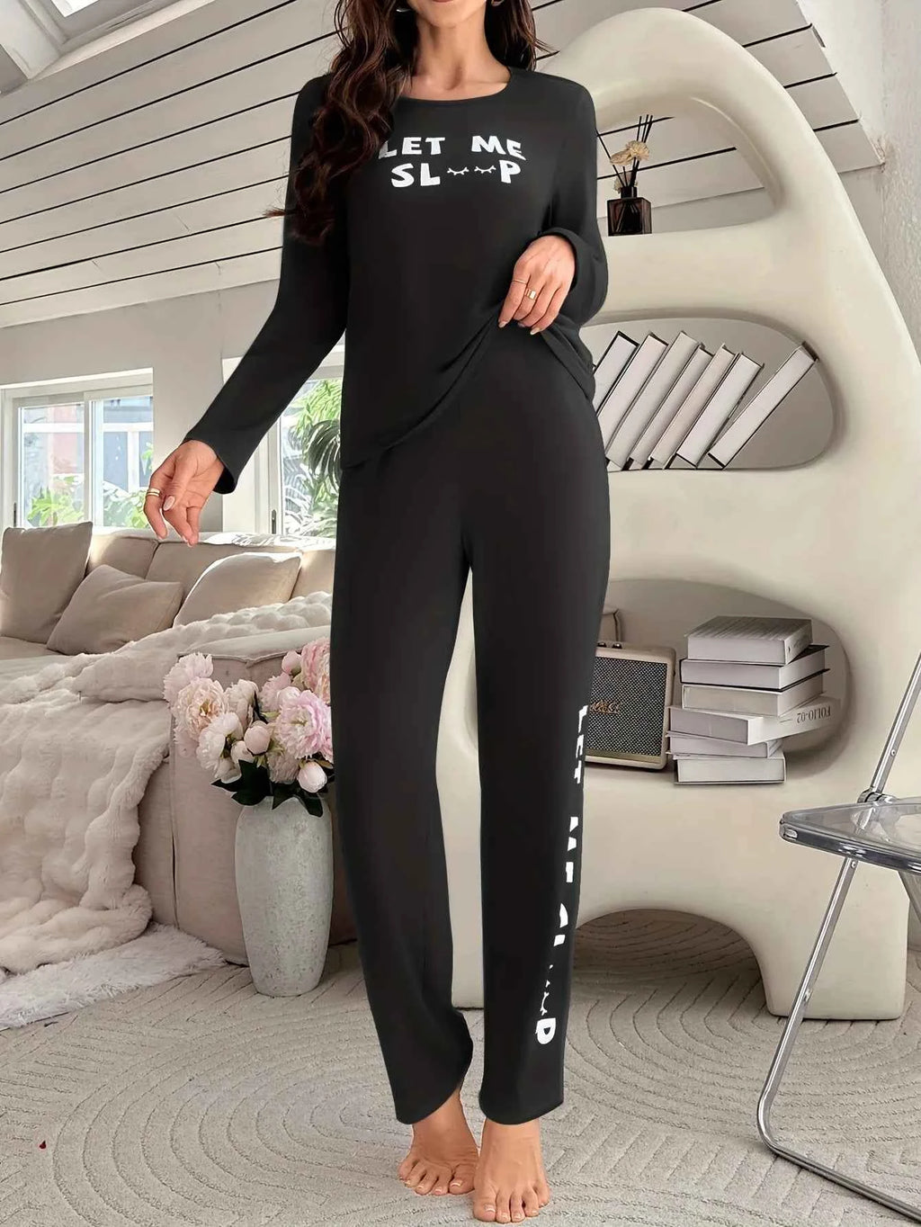 Women's Letters Print Pajamas Set Solid Simple Style Long Sleeve Crew Neck Top And Elastic Pants Trendy Women's Sleepwear