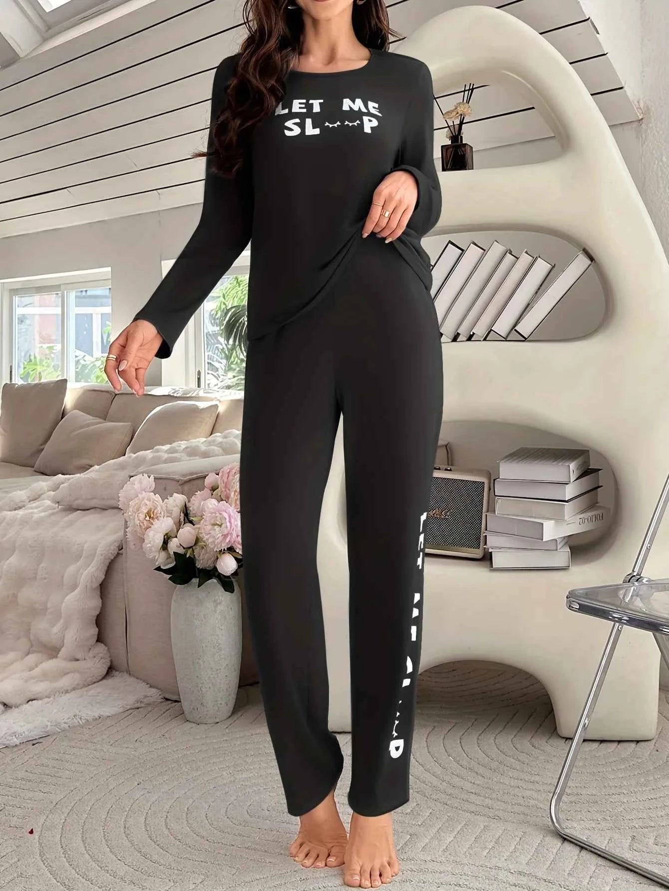 Women's Letters Print Pajamas Set Solid Simple Style Long Sleeve Crew Neck Top And Elastic Pants Trendy Women's Sleepwear