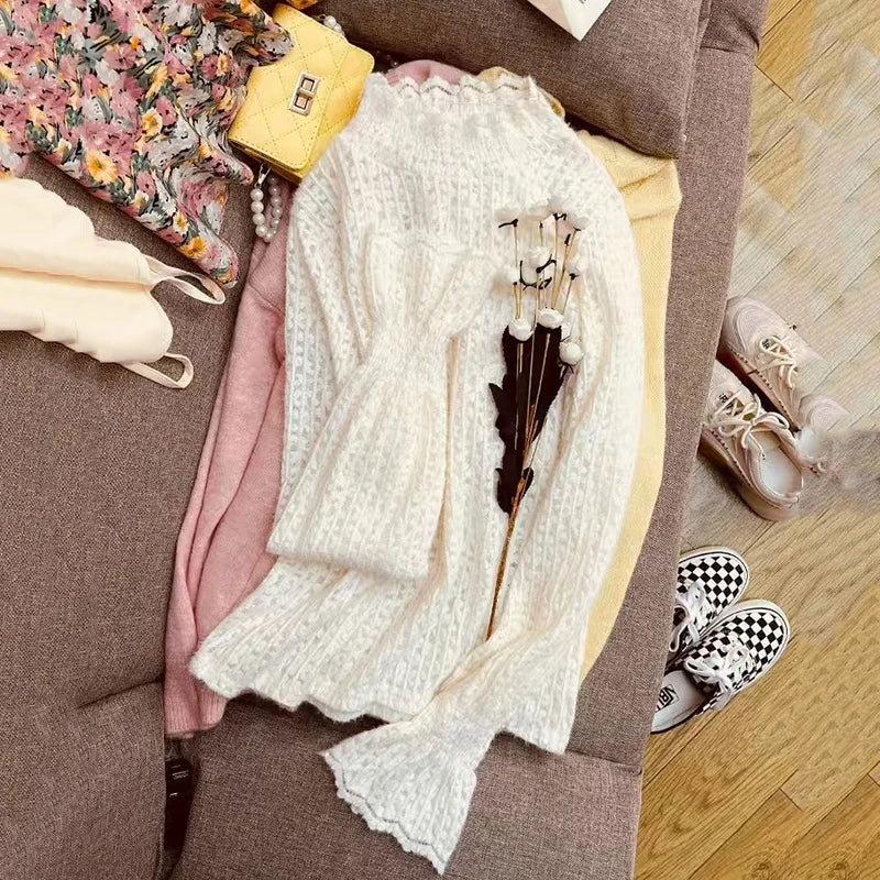 Lace Half Turtleneck Knitted Sweater Women Fall Winter Thick Warm Long Sleeve Pullover Korean Chic Slim Hollow Out Jumper New