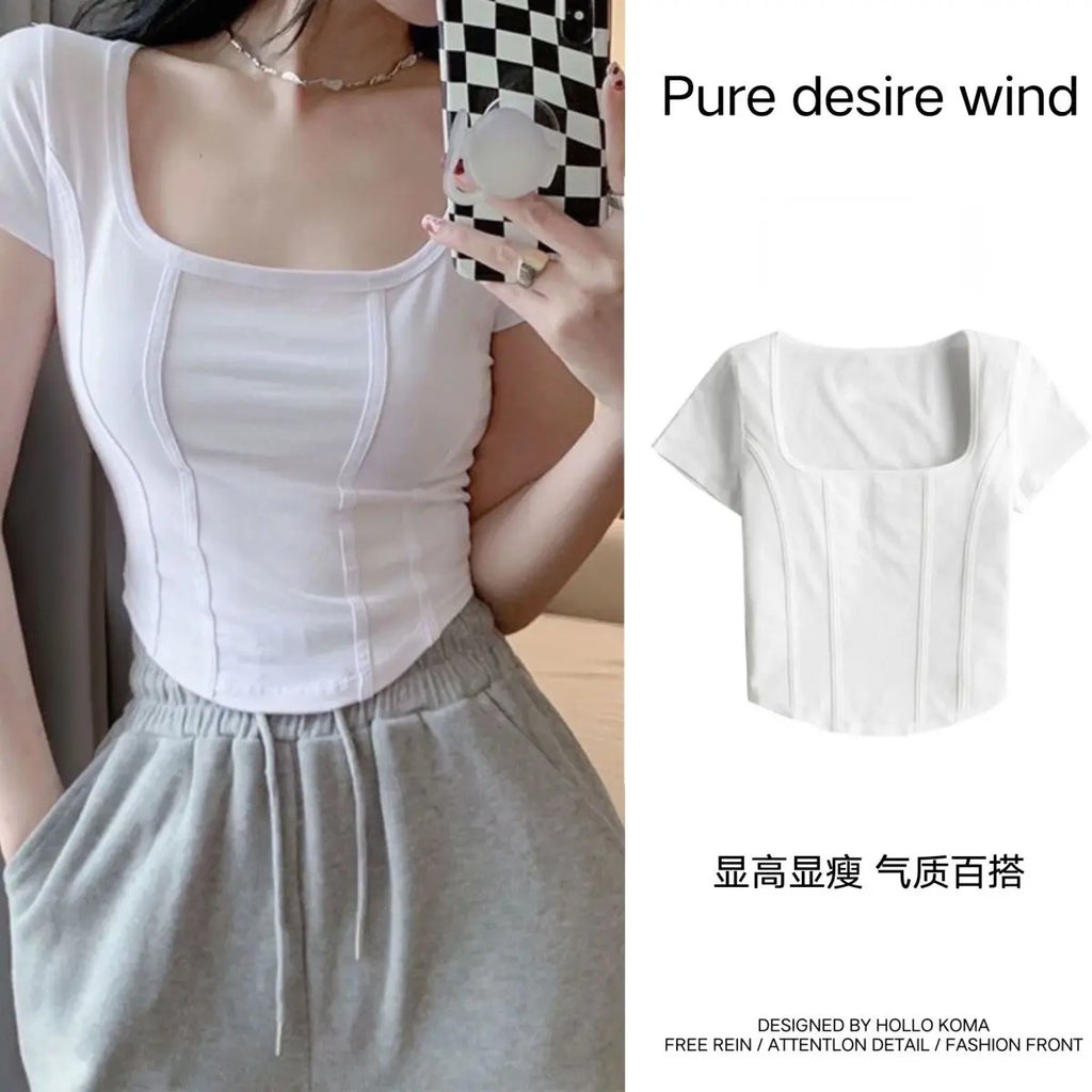 T Shirt Crop Top Women Summer 2026 Flowers Print Cotton Square Collar Pullovers Woman Short Sleeve Tees Slim Fit Sexy Top Female