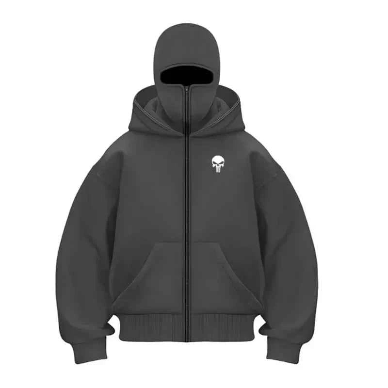 Unisex Double Hooded Fleece Sweatshirt Woman Balaclava Hoodie Half Zip Warm Outfit for Fall Winter Men Clothing Masked Outfit