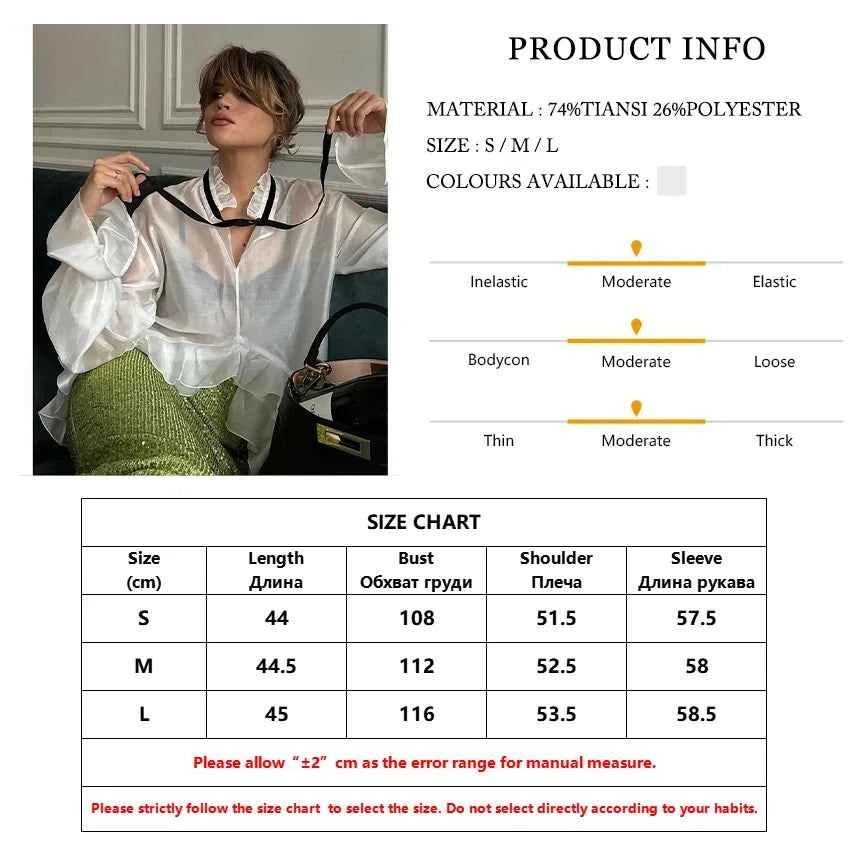 Clacive Sexy Loose White Women'S Shirt 2024 Fashion Ruffle Collar Long Sleeve Blouses Elegant See Through Top Female Clothing