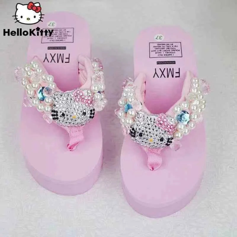 Hello Kitty Kawaii Soft Flip Flop Sandals Y2k Beach Slides Shoes Women Casual Wedge High Heels Platform For Slippers Ladies Gift