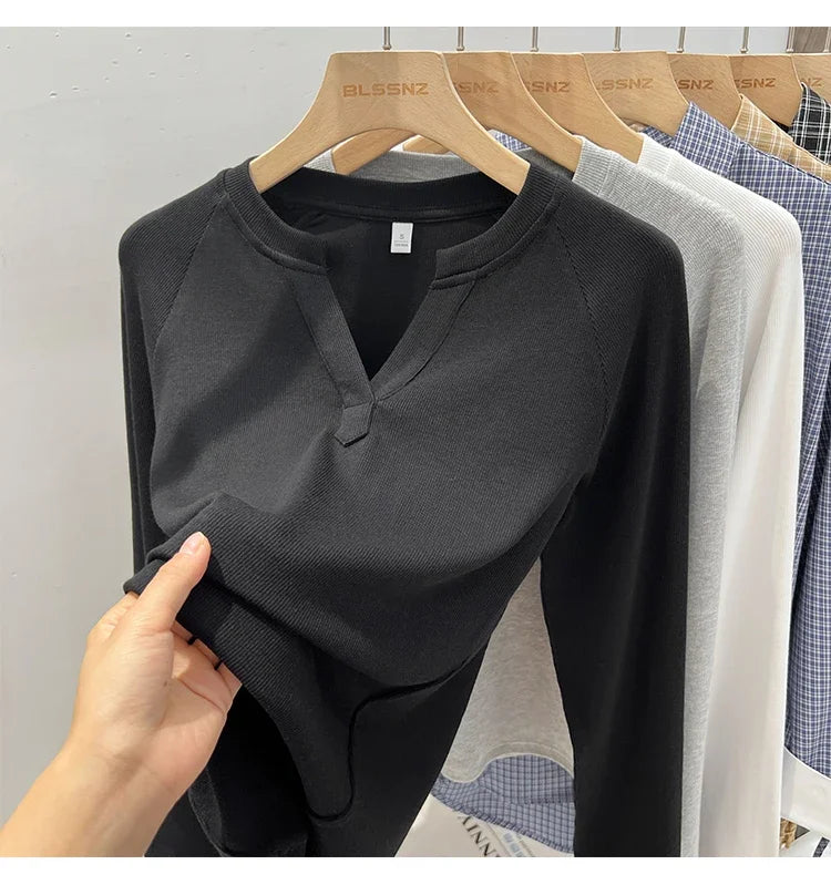 2026 Women's Basic Style Slim Fit V-Neck Long Sleeve T-Shirt Korean Style Versatile Simple Base Layer Top Casual Tee for Women