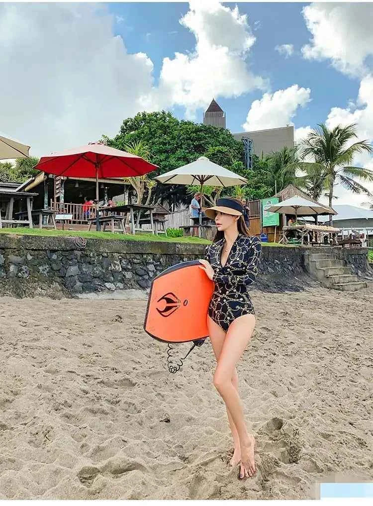 Style Diving Sun Protection Long-sleeved One-piece Ins Slimming Belly-covering Conservative Swimsuit for Women Jellyfish Suit