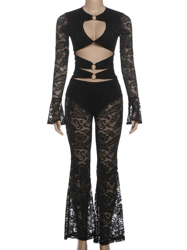 Nibber See Through Jumpsuits Woman Metal Rings Patchwork Hollow Design Sexy Full Sleeve Midnight Club Party Wild Style Overalls
