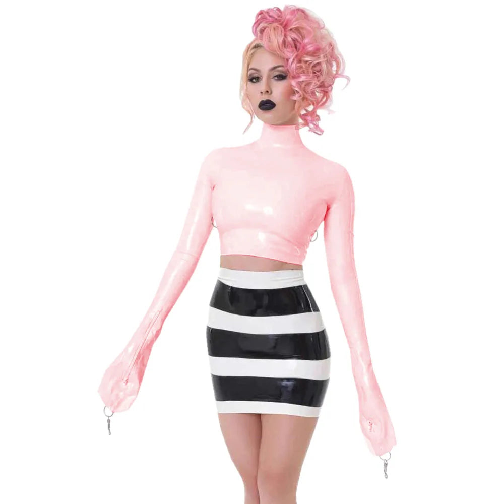 Sexy Crop Tops with Finger High Neck, Slim Skinny Leather, PVC Short Shirts, Vinyl Sexy Top with Lock Key, Club Night
