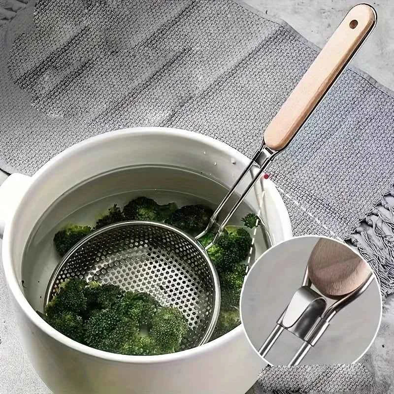 Stainless Steel Colander with Wooden Handle - Fine Mesh Skimmer Spoon for Cooking, Food Prep  Grease Filtering for Pasta Noodles