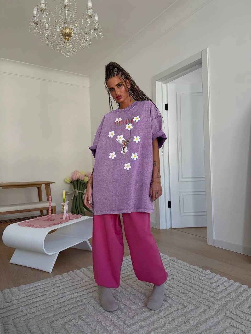 Sumuyoo Women's Retro Printed T-shirt Cotton Men Vintage Short-sleeve Wax Printing T Shirts Fashion Hip Hop Loose Fflower Tees