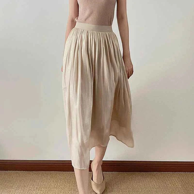 2025 Spring/Summer New Luster  A-line Women Skirt Solid Color High Waist French Paris Style Elegant Asymmetrical Skirt