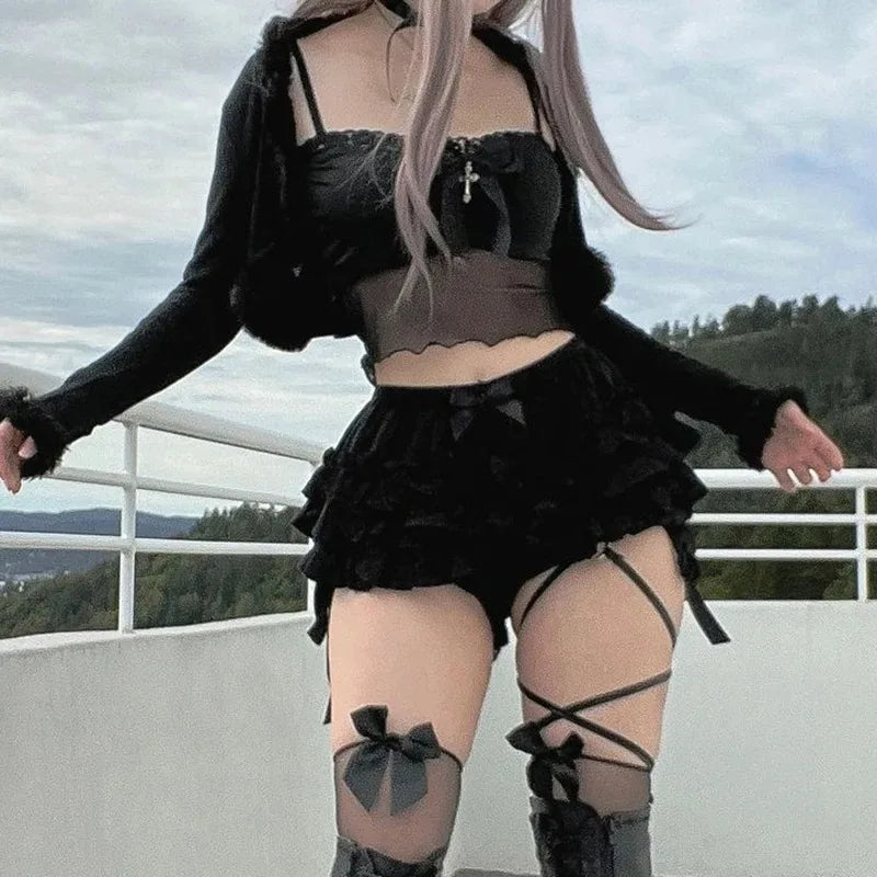 Hotsweet Shorts Women Aesthetic Y2k E-girl Cute Sweet Fairycore Grunge Lace Bow Patchwork High Waist Shorts