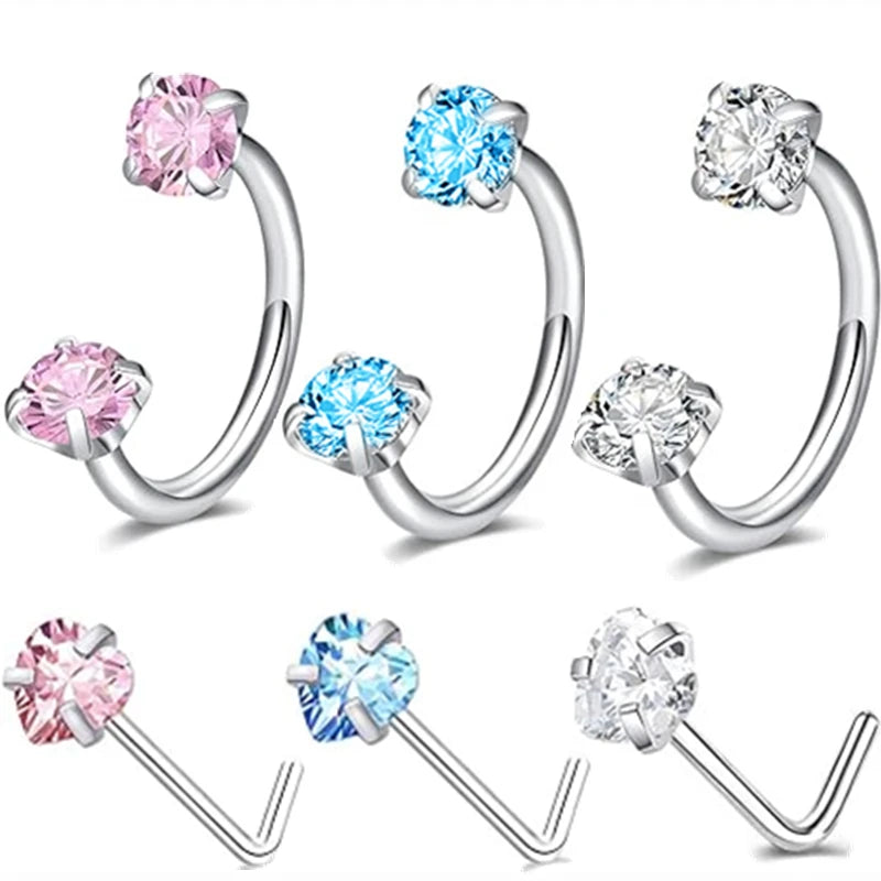 6PCSA Metal color Stainless Steel Nose Ring Set With CZ Studs & Horseshoe