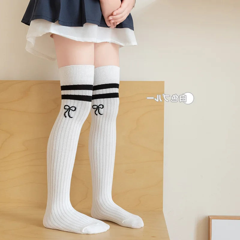 40CM Children's Long Socks Spring and Summer Girls' Bow Princess Skirt Paired with Knee High Sock Striped High Tube Cotton Socks