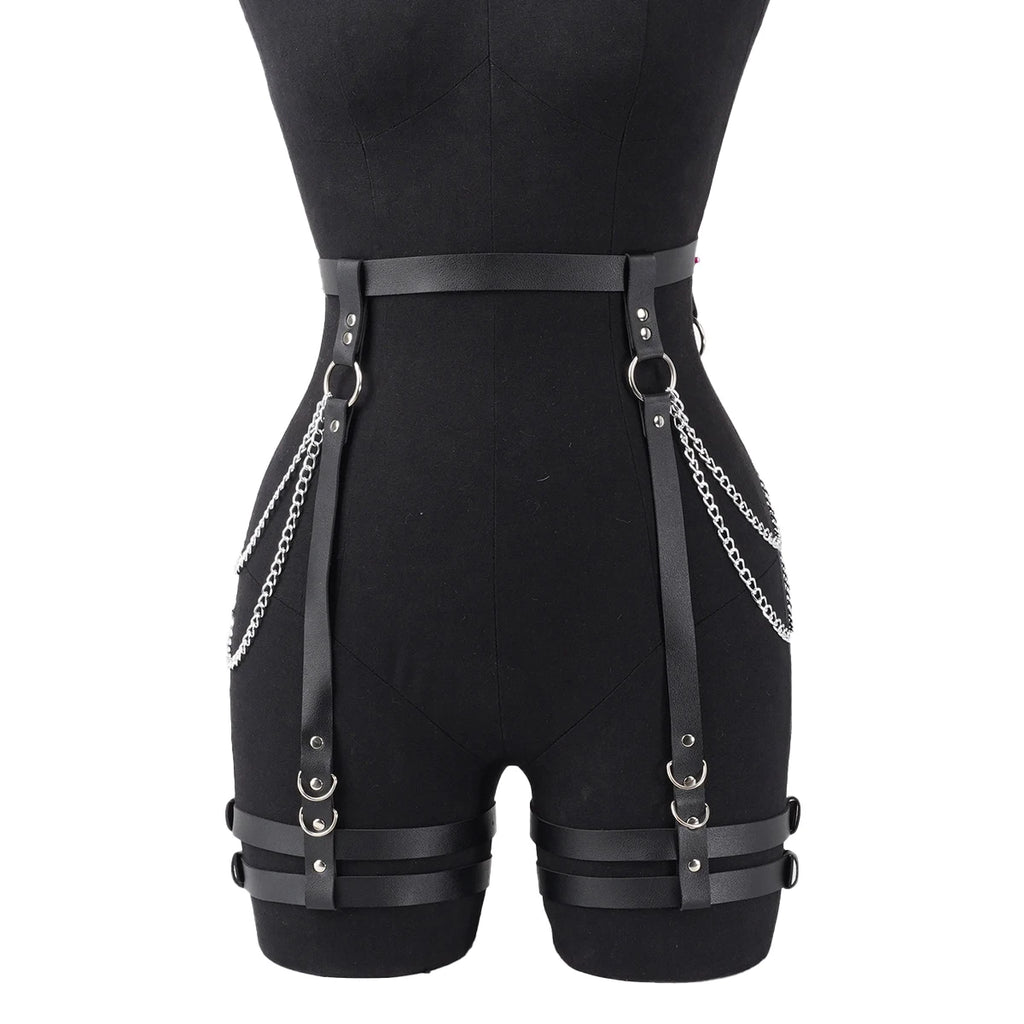 Harness PU Leather Women Chain Tassel Waist To Thigh Harness Punk Gothic Adjustable Body Accessory For Rave Party Festival Outfi