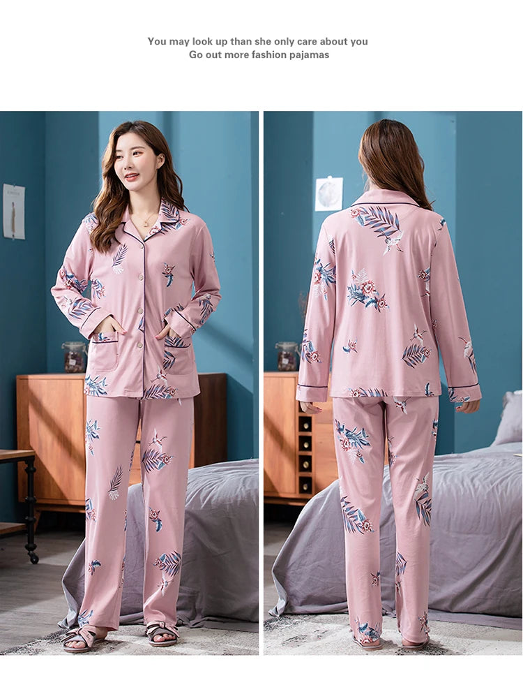 100% Pure Cotton Long Sleeve Sleepwear Set for Elderly Women Spring Summer Autumn Home Clothes Outwear Comfortable Home Suit