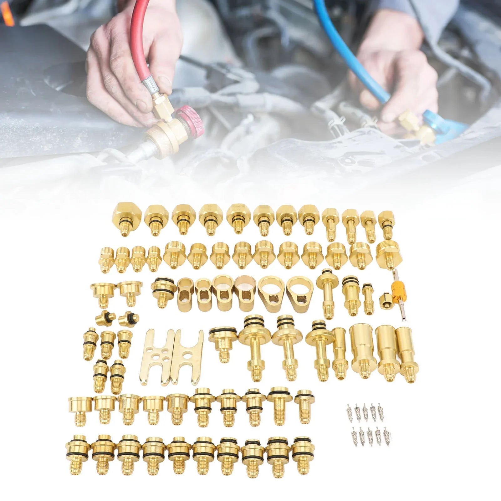 77Pcs Car Air Conditioning Leak Test Kit Brass Ac Leak Detection Tools Connector Repair Kit for Car Auto AC