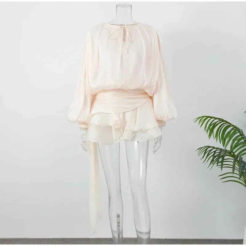 Women's Puff Sleeve High Waisted Mini Dresses Elegant Lace-up Solid Color Bodycon Mini Vestidos Summer Clubwear Party Dress New
