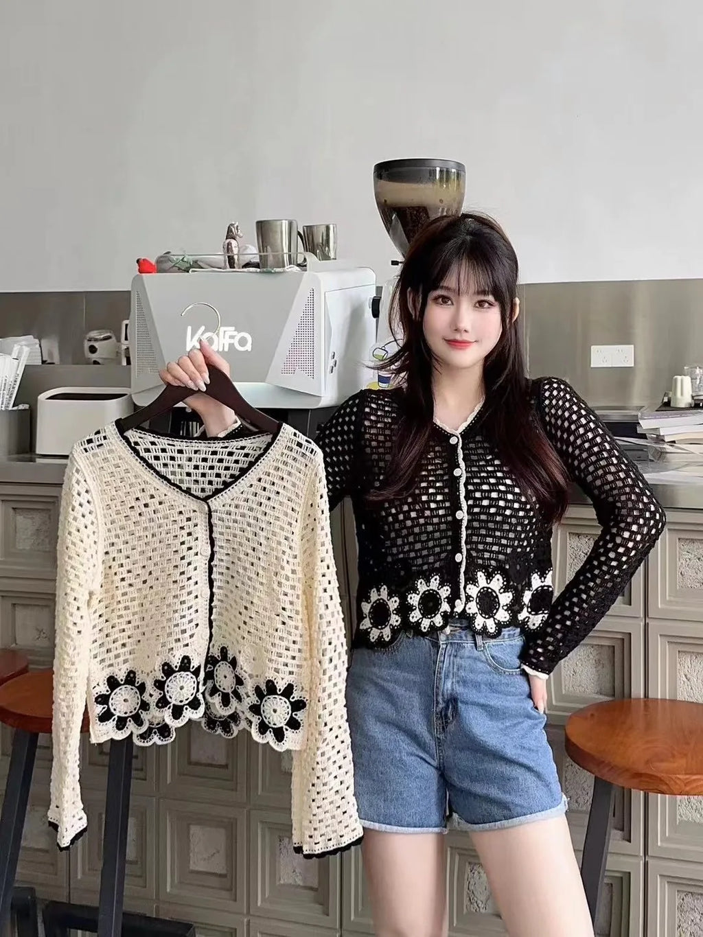 Floral Crochet Top Long Sleeve Sheer Open Knit Button Up Crop Blouse Women Teengirl Spring Summer Fairycore Boho Vacation Outfit