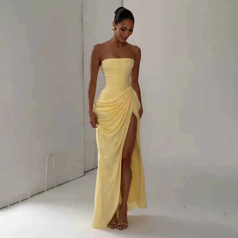 Women Sexy Solid Pleated Strapless Dress Lady Chic Off-shoulder Backless High Waist Split Dresses  Evening Party Gown 2026 New