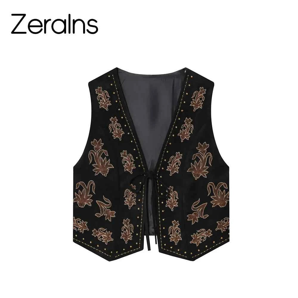 ZERAINS Autumn new women's clothing European and American style bead embroidery suede texture effect vest