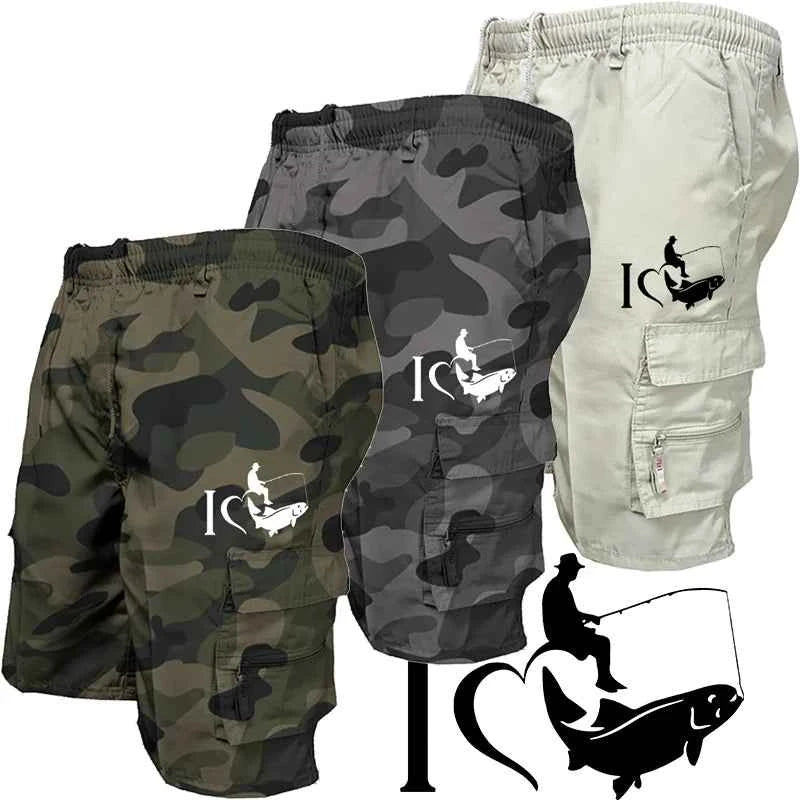 Trendy Mens Bib Shorts Casual Loose Shorts Funny I Love Fishing Printed Drawstring Pocket Shorts Summer Mens Shorts