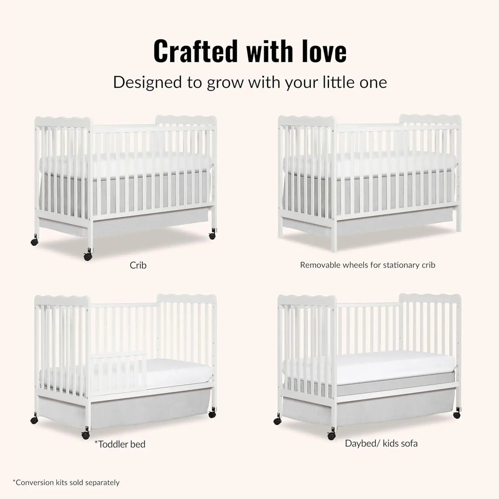 Carson Classic 3-in-1 Convertible Full-Size Baby Crib in White, GreenGuard Gold & JPMA, 4 Mattress Heights, Converts to Day