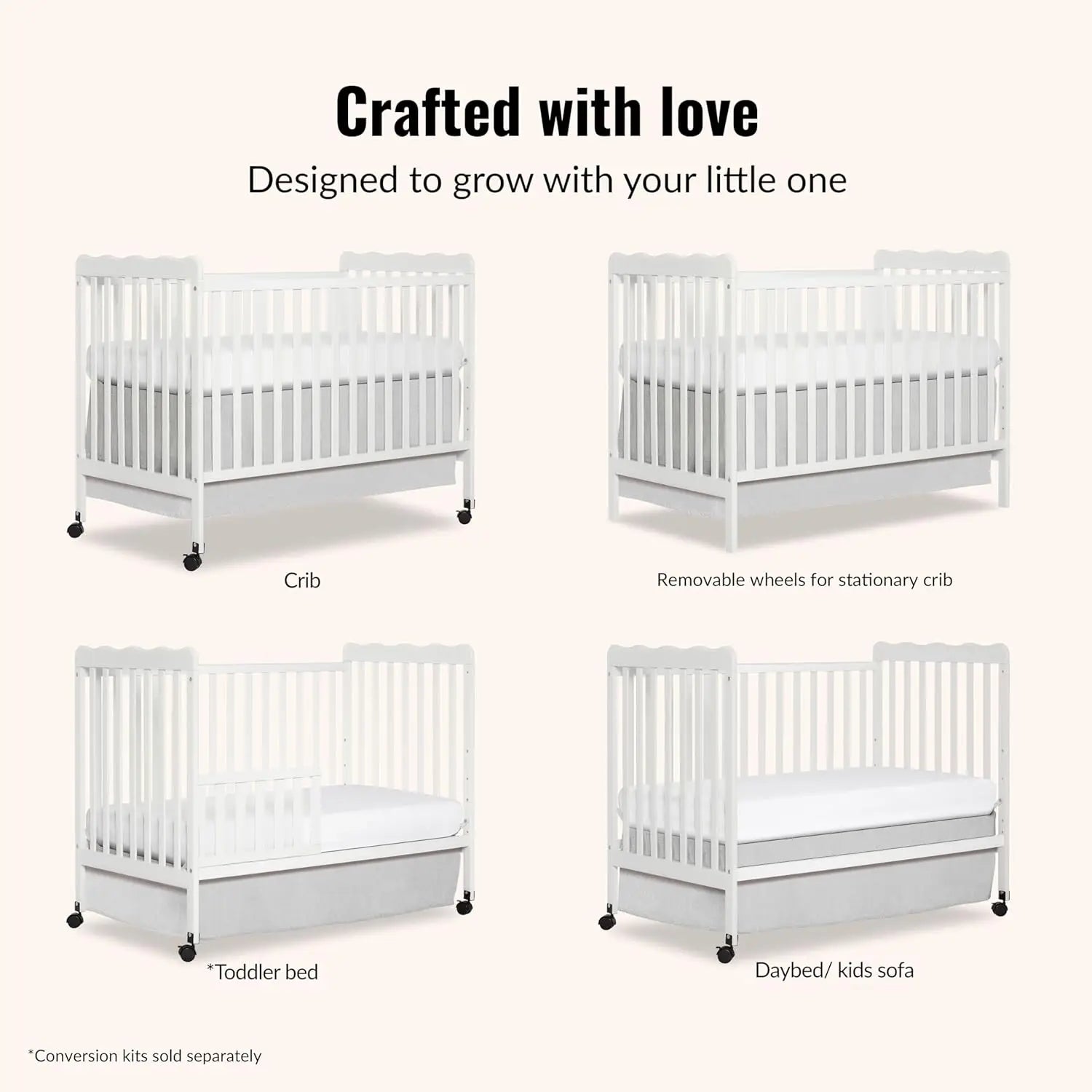 Carson Classic 3-in-1 Convertible Full-Size Baby Crib in White, GreenGuard Gold & JPMA, 4 Mattress Heights, Converts to Day