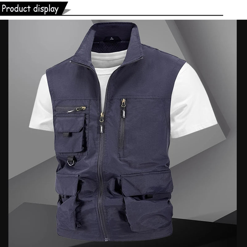 2024 Summer Men Sleeveless Fishing Tool Webbed Breathable Vest Men Many Pocket Outdoors Camping Thin Lightweight Loose Vest Male