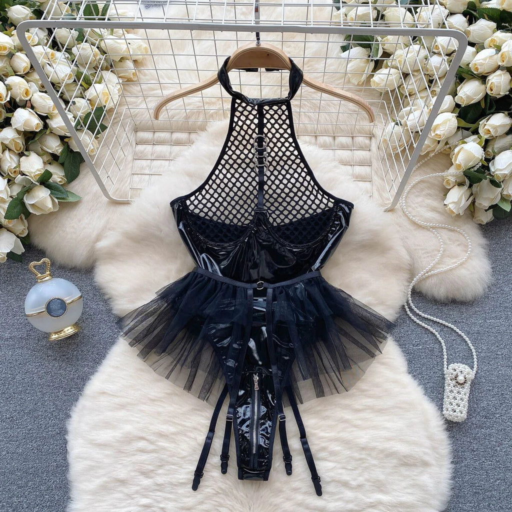 Hotsweet Women's Streetwear Mesh Patchwork Black Red Lady's Bodysuit Backless Sleeveless Halter Female Cool Wear Sexy Party Top