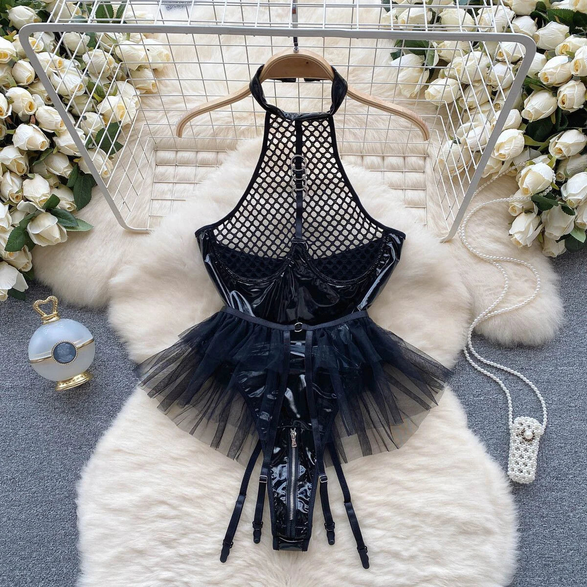 Hotsweet Women's Streetwear Mesh Patchwork Black Red Lady's Bodysuit Backless Sleeveless Halter Female Cool Wear Sexy Party Top