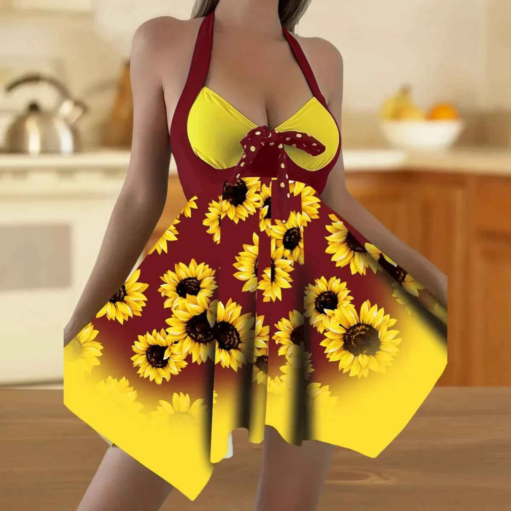 New 2025 Women's Two-Piece Bikini Set Yellow Sunflower Print Maxi Dress Style Swimsuit Floral Patterned Separate Swimsuit
