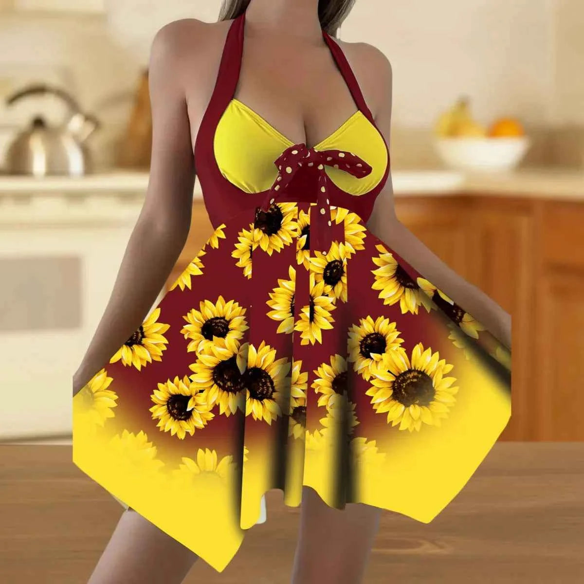 New 2025 Women's Two-Piece Bikini Set Yellow Sunflower Print Maxi Dress Style Swimsuit Floral Patterned Separate Swimsuit