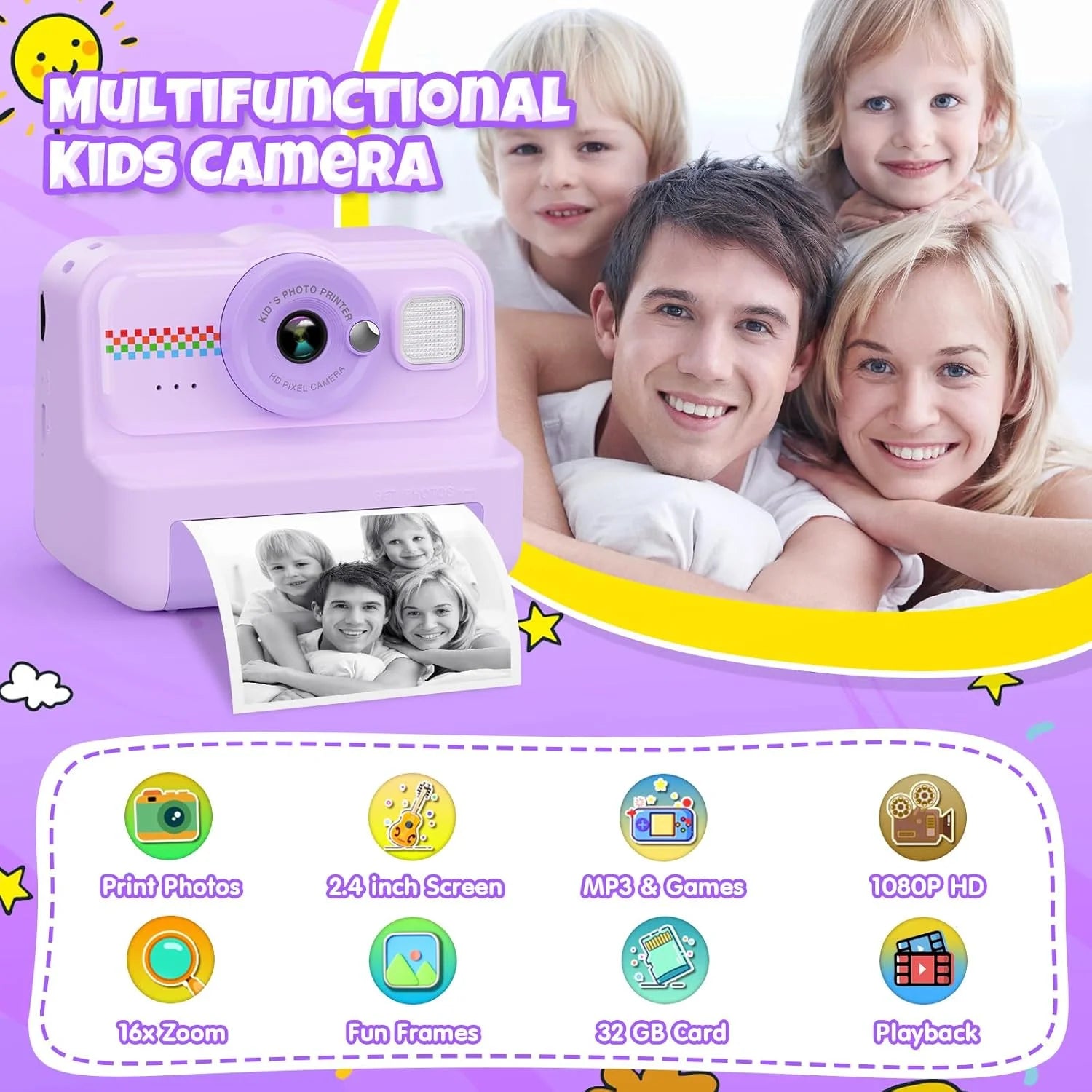 Kids Camera Instant Print, 1080P HD Instant Print Camera for Kids with 3 Rolls Print Paper, Selfie Digital Camera for Kid